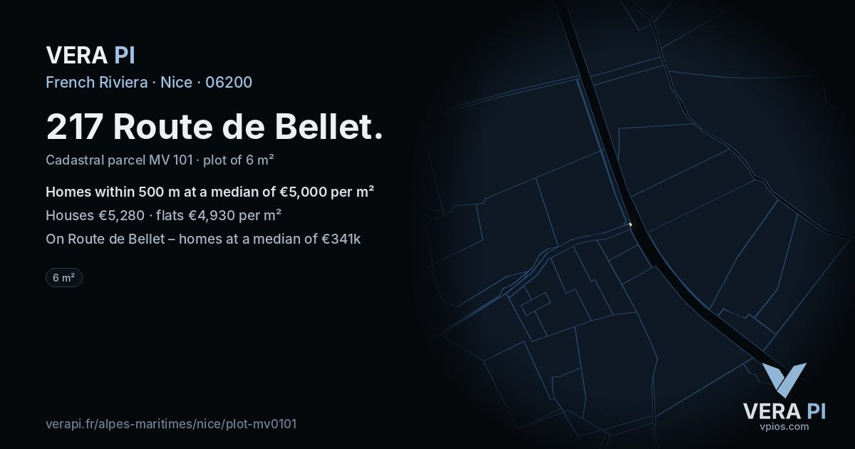 217 Route de Bellet, Nice at night – the plot lit, the parcels around coloured by the prices near them