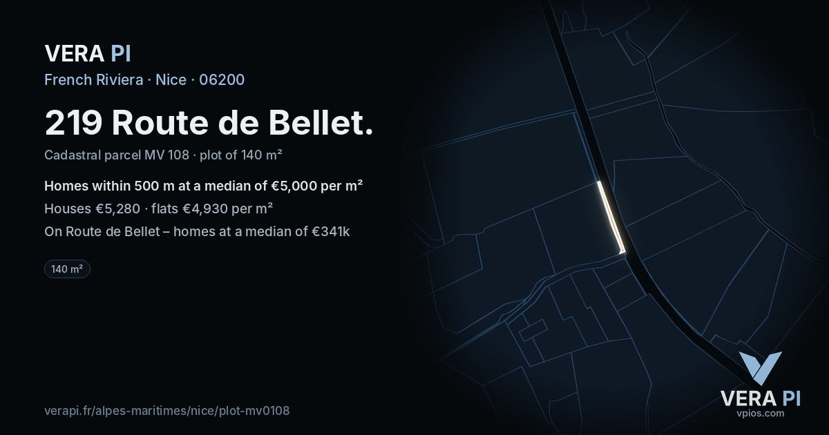 219 Route de Bellet, Nice at night – the plot lit, the parcels around coloured by the prices near them