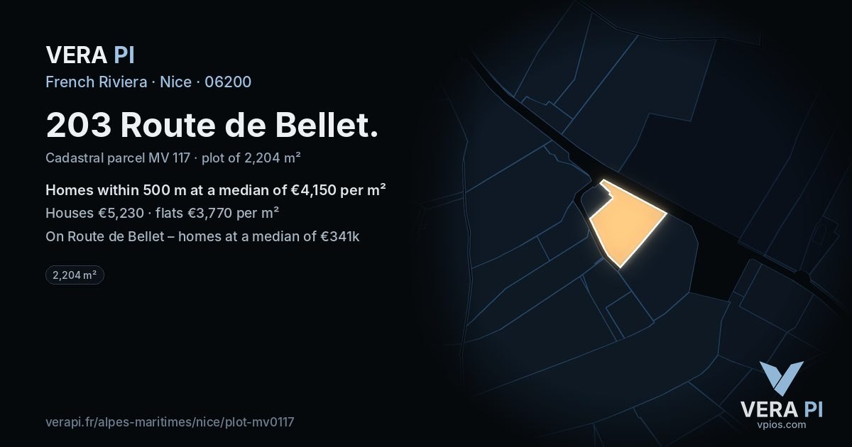 203 Route de Bellet, Nice at night – the plot lit, the parcels around coloured by the prices near them