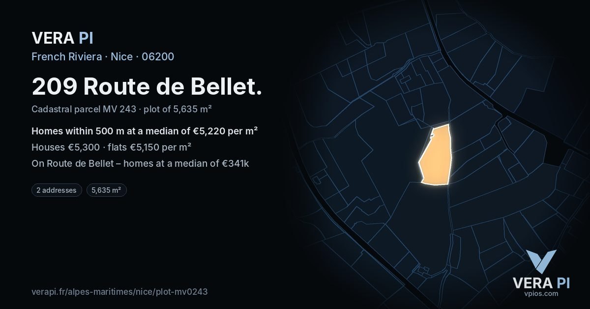 209 Route de Bellet, Nice at night – the plot lit, the parcels around coloured by the prices near them