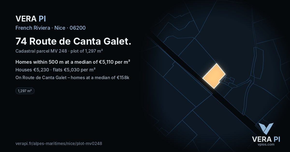 74 Route de Canta Galet, Nice at night – the plot lit, the parcels around coloured by the prices near them