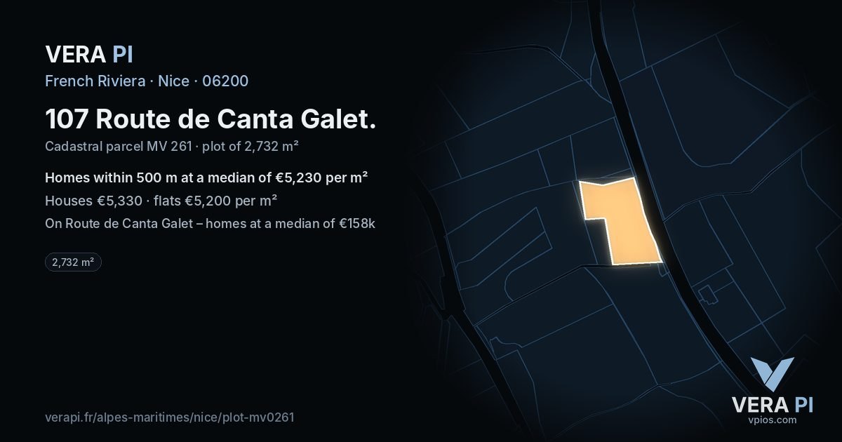 107 Route de Canta Galet, Nice at night – the plot lit, the parcels around coloured by the prices near them