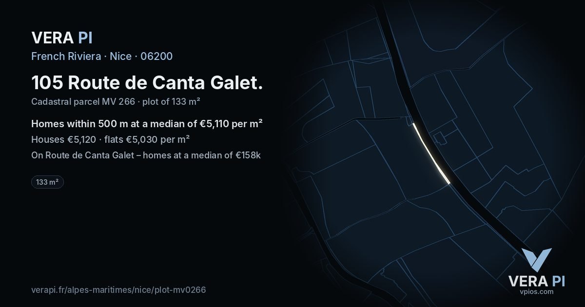 105 Route de Canta Galet, Nice at night – the plot lit, the parcels around coloured by the prices near them