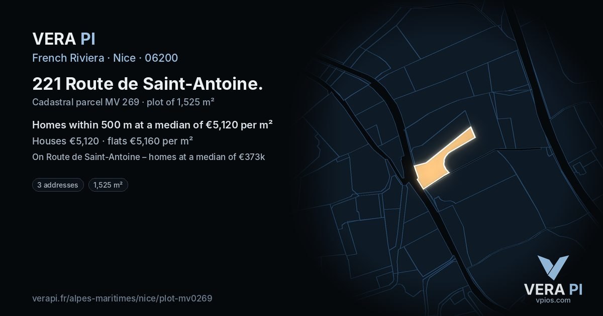 221 Route de Saint-Antoine, Nice at night – the plot lit, the parcels around coloured by the prices near them