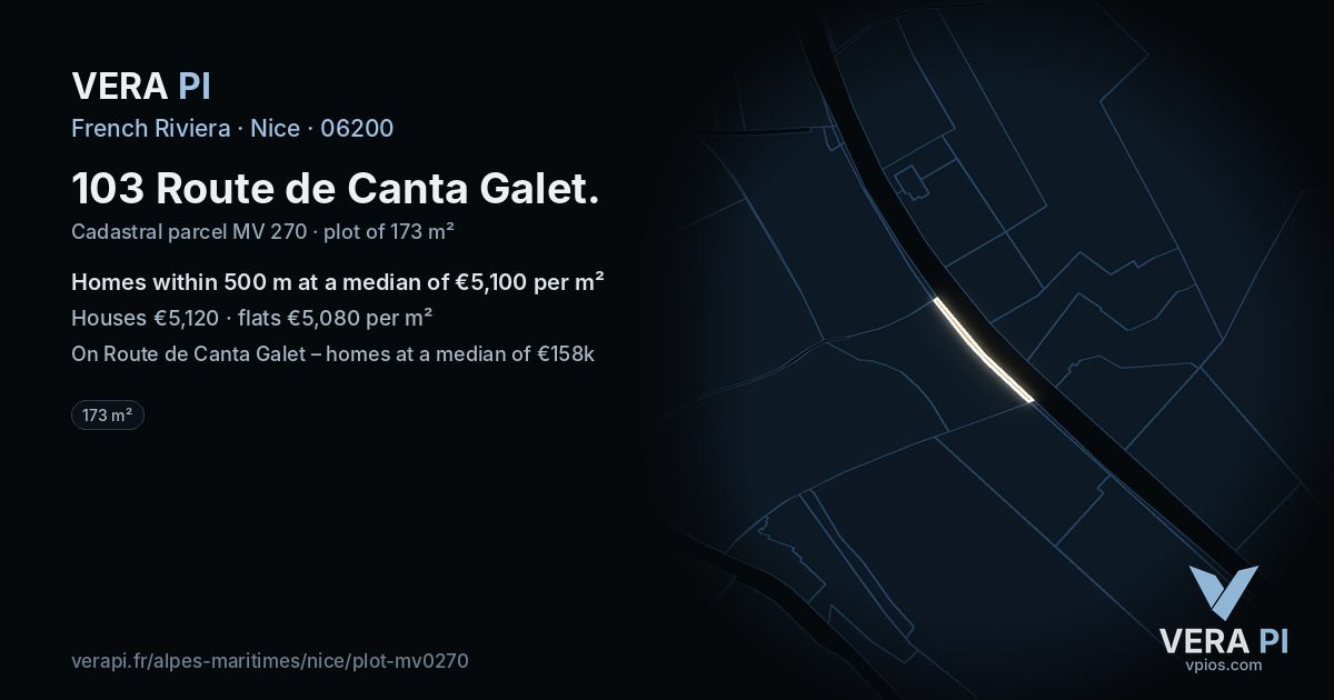103 Route de Canta Galet, Nice at night – the plot lit, the parcels around coloured by the prices near them