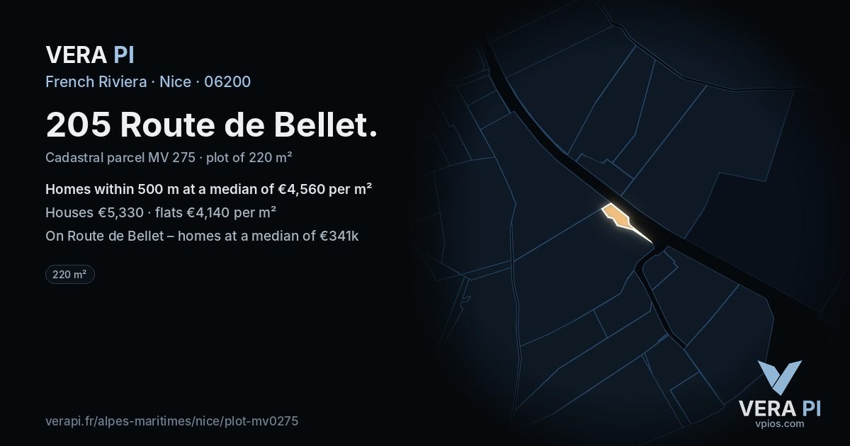 205 Route de Bellet, Nice at night – the plot lit, the parcels around coloured by the prices near them
