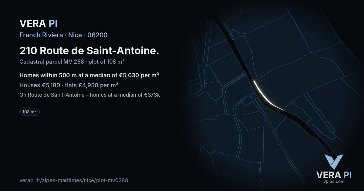 210 Route de Saint-Antoine, Nice at night – the plot lit, the parcels around coloured by the prices near them