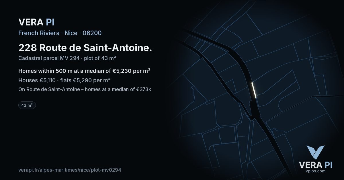 228 Route de Saint-Antoine, Nice at night – the plot lit, the parcels around coloured by the prices near them
