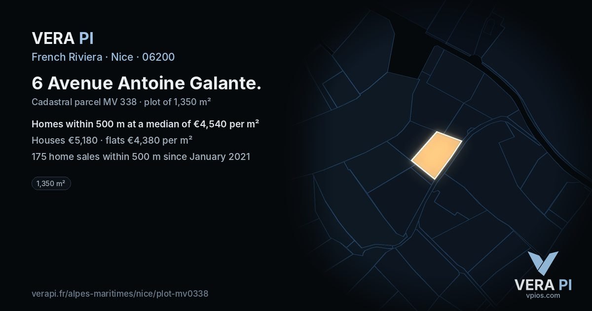 6 Avenue Antoine Galante, Nice at night – the plot lit, the parcels around coloured by the prices near them