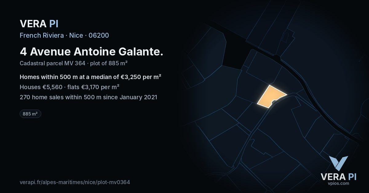 4 Avenue Antoine Galante, Nice at night – the plot lit, the parcels around coloured by the prices near them