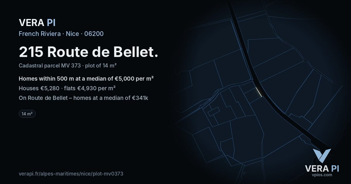 215 Route de Bellet, Nice at night – the plot lit, the parcels around coloured by the prices near them