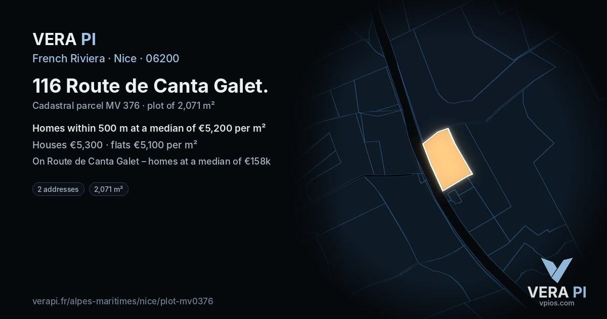 116 Route de Canta Galet, Nice at night – the plot lit, the parcels around coloured by the prices near them