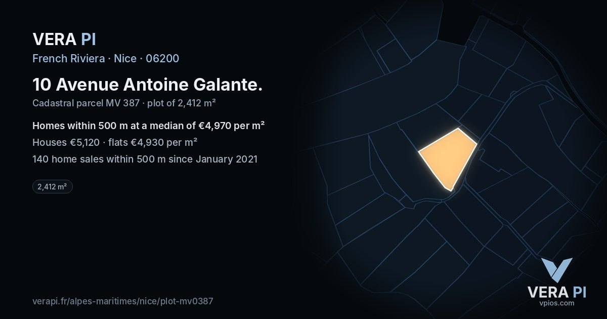 10 Avenue Antoine Galante, Nice at night – the plot lit, the parcels around coloured by the prices near them