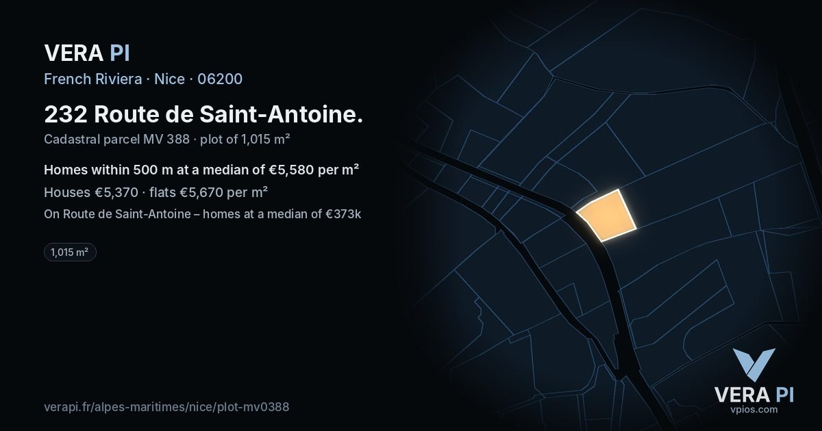 232 Route de Saint-Antoine, Nice at night – the plot lit, the parcels around coloured by the prices near them