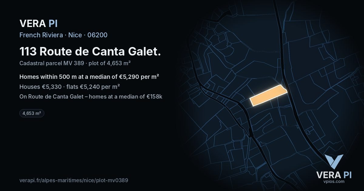 113 Route de Canta Galet, Nice at night – the plot lit, the parcels around coloured by the prices near them