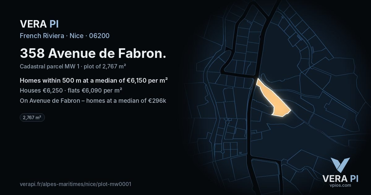 358 Avenue de Fabron, Nice at night – the plot lit, the parcels around coloured by the prices near them