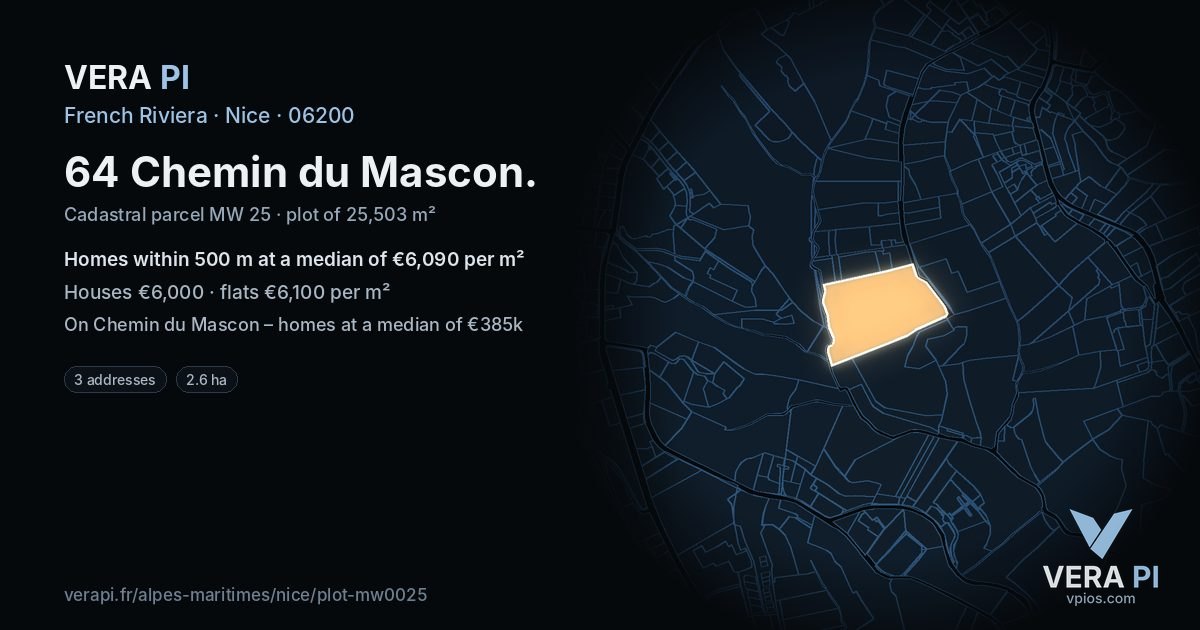 64 Chemin du Mascon, Nice at night – the plot lit, the parcels around coloured by the prices near them