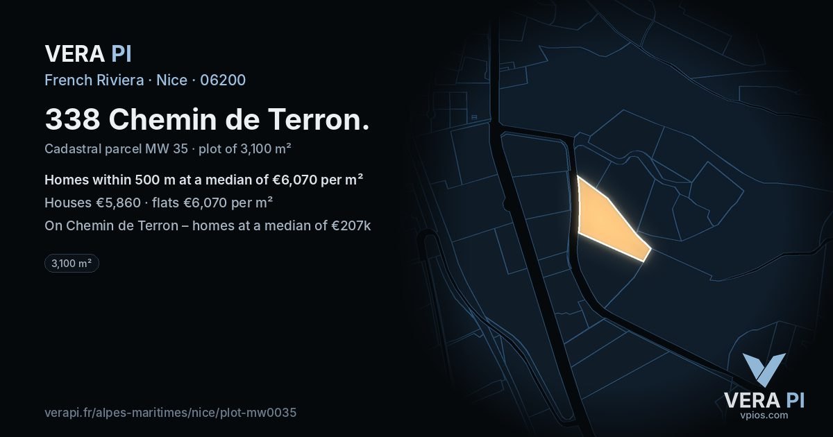 338 Chemin de Terron, Nice at night – the plot lit, the parcels around coloured by the prices near them