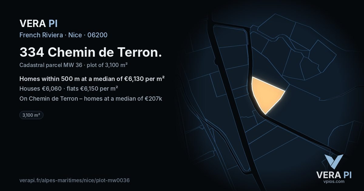334 Chemin de Terron, Nice at night – the plot lit, the parcels around coloured by the prices near them