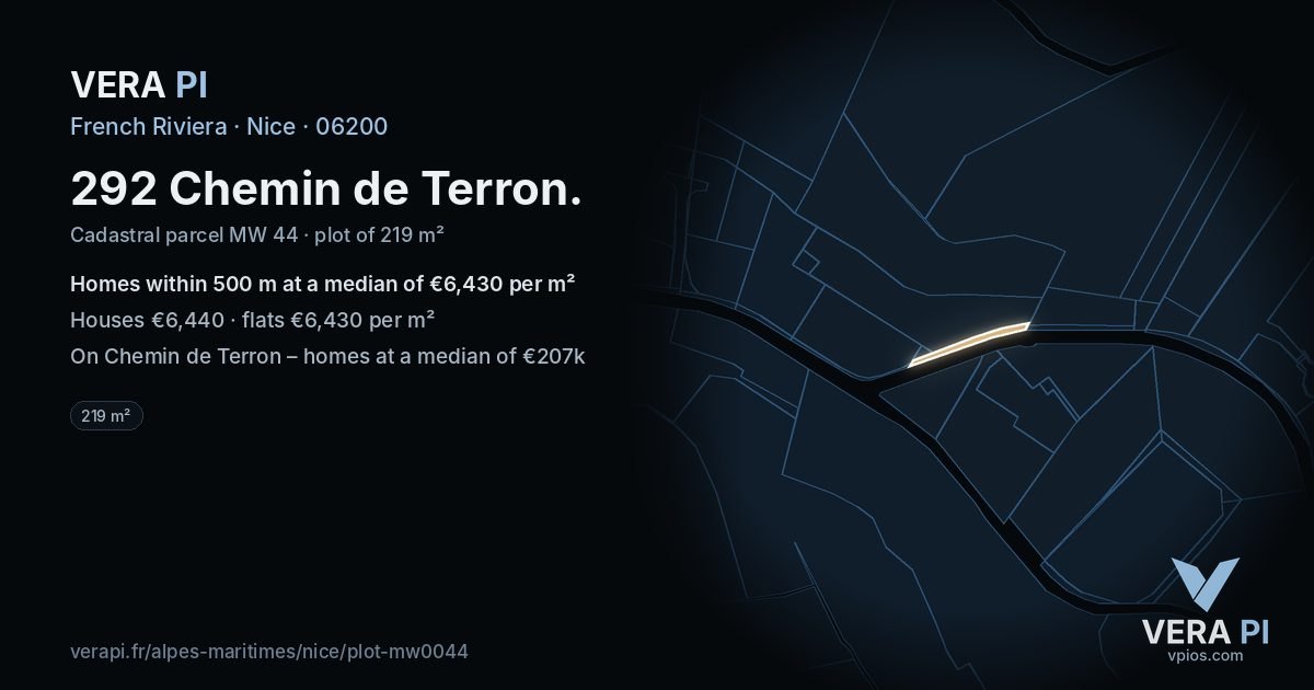 292 Chemin de Terron, Nice at night – the plot lit, the parcels around coloured by the prices near them