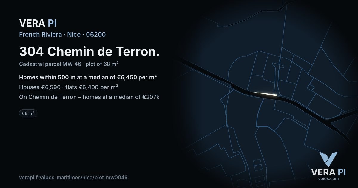 304 Chemin de Terron, Nice at night – the plot lit, the parcels around coloured by the prices near them