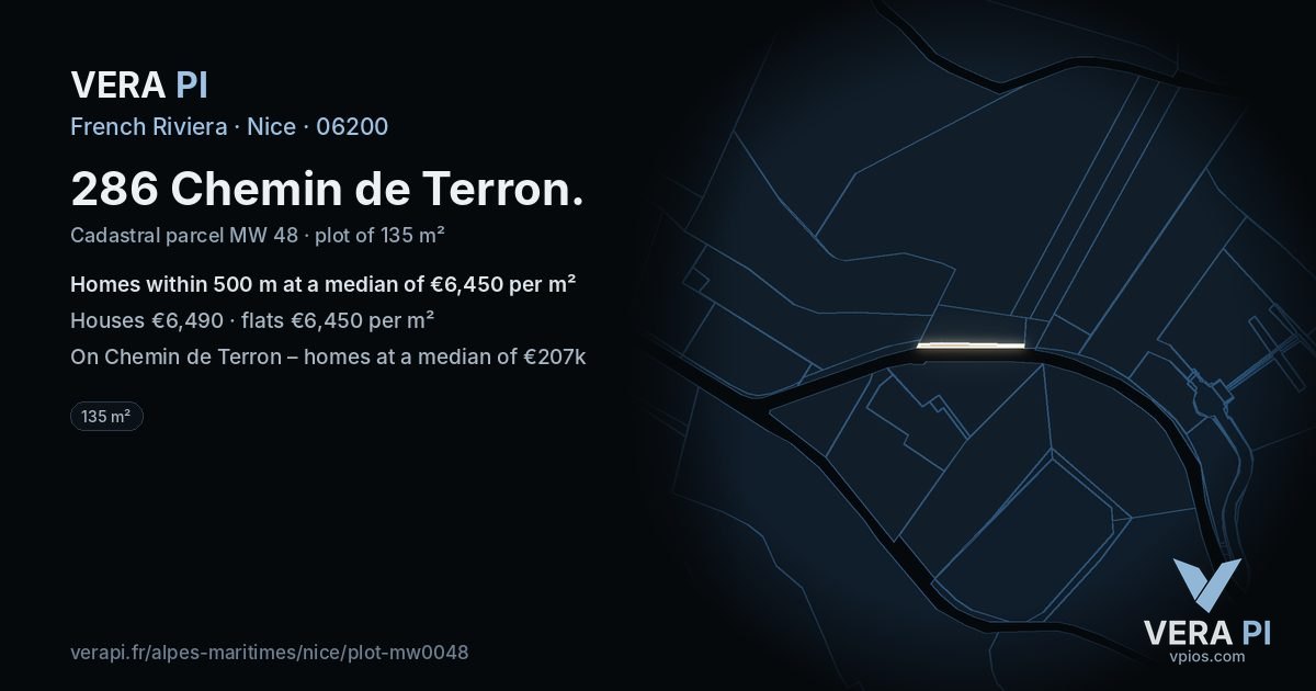 286 Chemin de Terron, Nice at night – the plot lit, the parcels around coloured by the prices near them