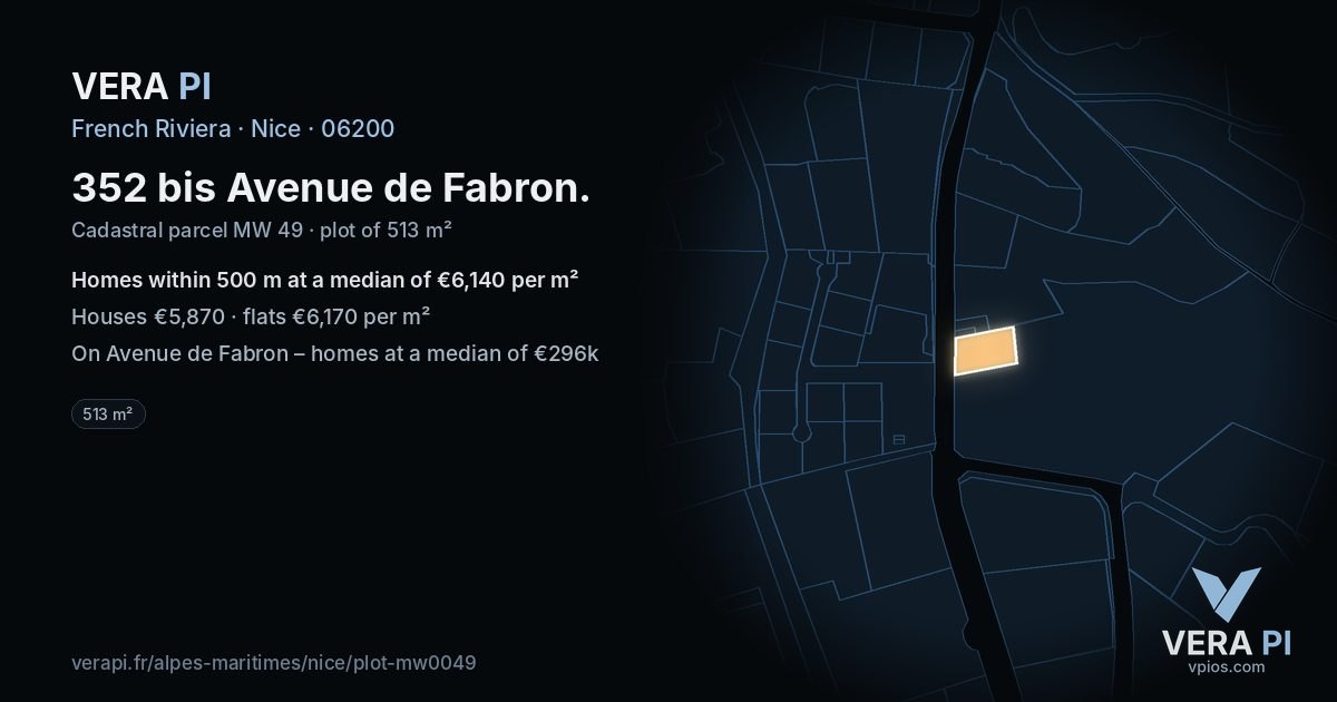 352 bis Avenue de Fabron, Nice at night – the plot lit, the parcels around coloured by the prices near them