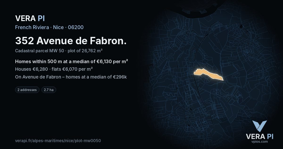352 Avenue de Fabron, Nice at night – the plot lit, the parcels around coloured by the prices near them