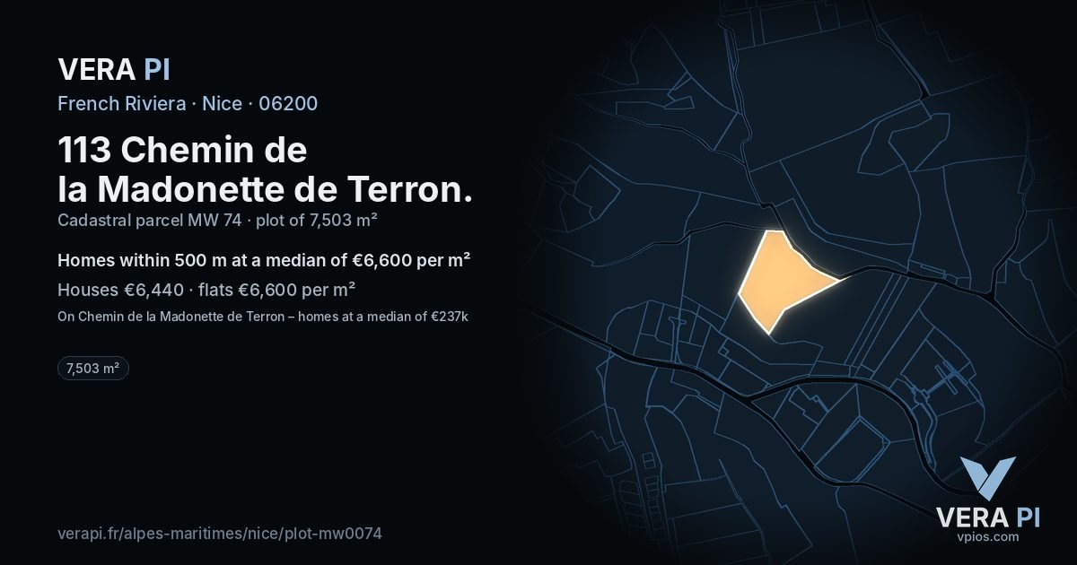113 Chemin de la Madonette de Terron, Nice at night – the plot lit, the parcels around coloured by the prices near them