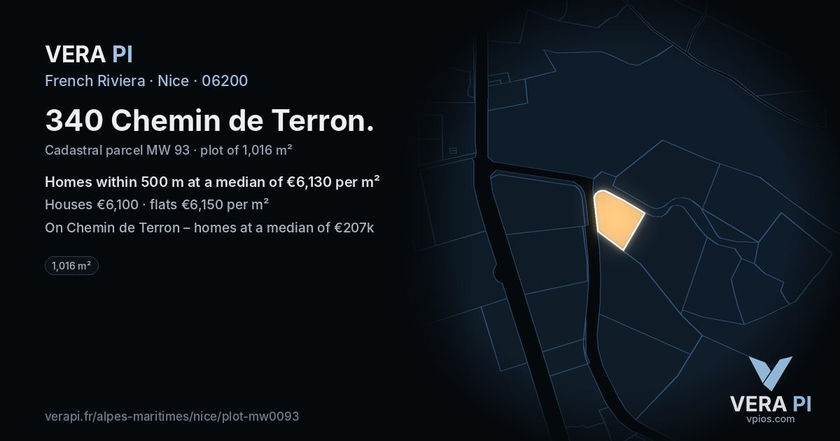 340 Chemin de Terron, Nice at night – the plot lit, the parcels around coloured by the prices near them