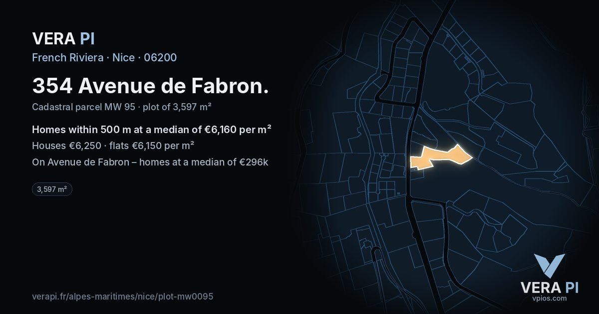 354 Avenue de Fabron, Nice at night – the plot lit, the parcels around coloured by the prices near them