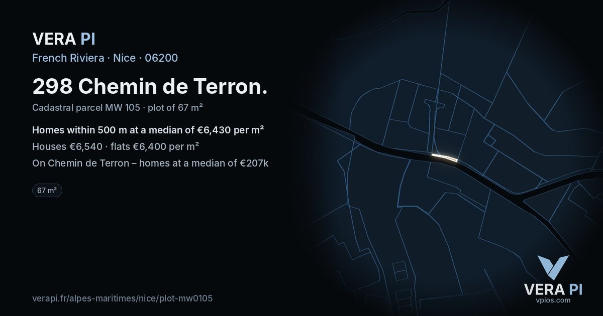 298 Chemin de Terron, Nice at night – the plot lit, the parcels around coloured by the prices near them