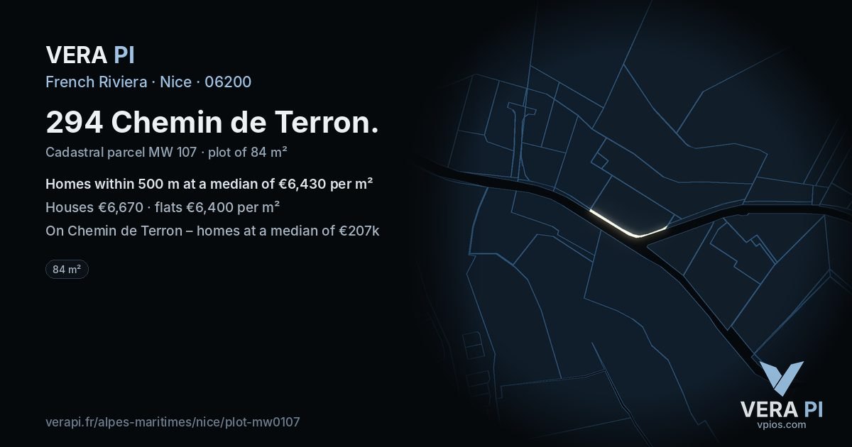 294 Chemin de Terron, Nice at night – the plot lit, the parcels around coloured by the prices near them