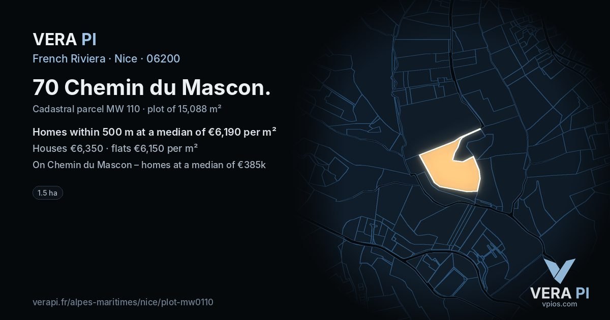 70 Chemin du Mascon, Nice at night – the plot lit, the parcels around coloured by the prices near them