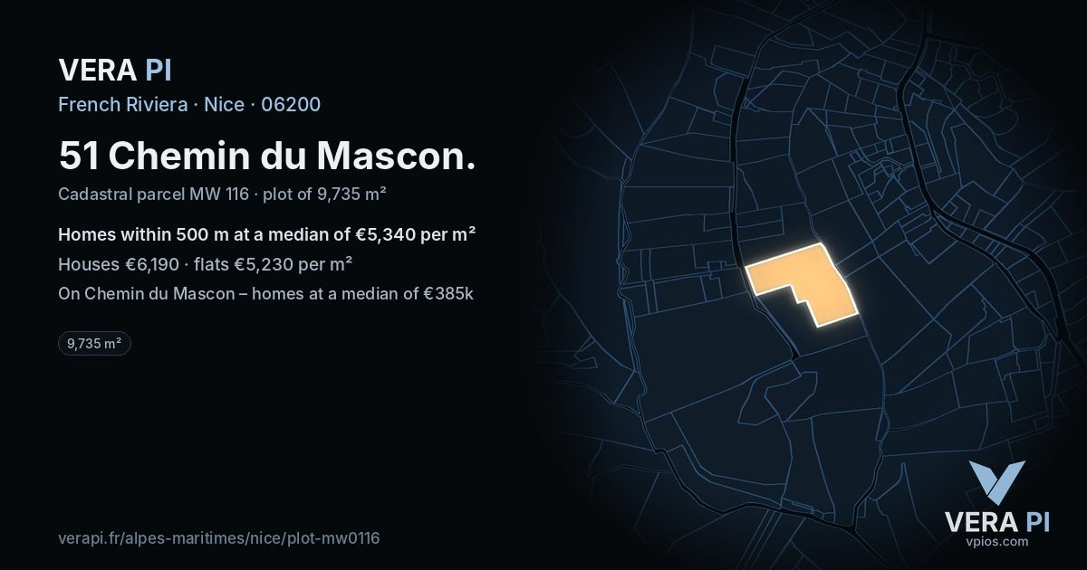 51 Chemin du Mascon, Nice at night – the plot lit, the parcels around coloured by the prices near them