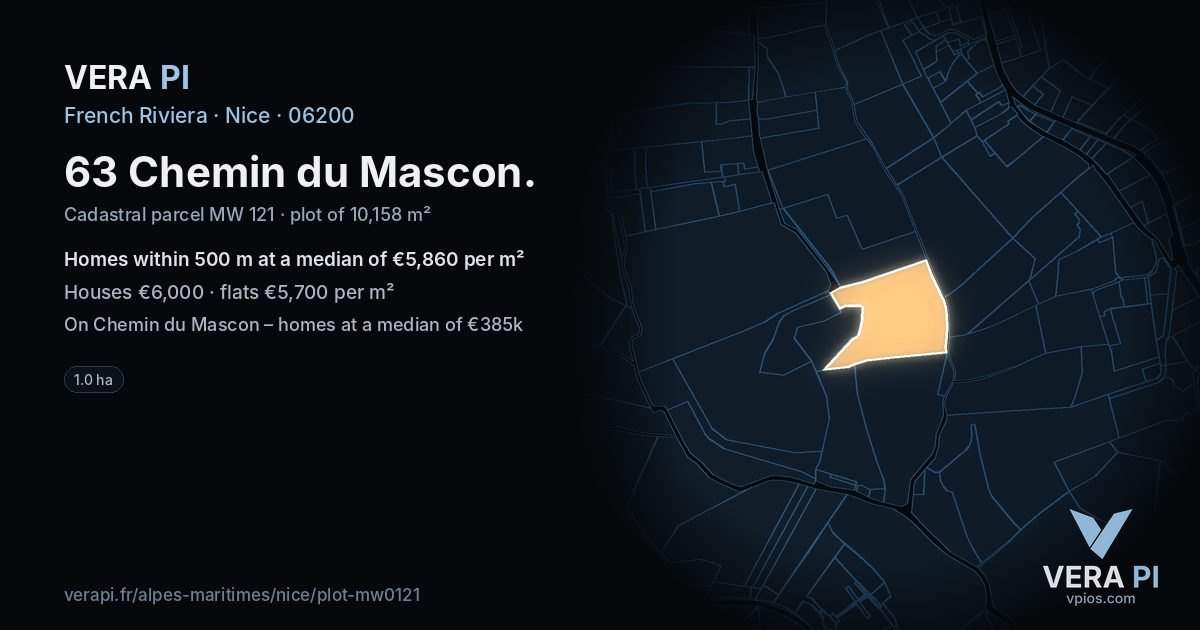 63 Chemin du Mascon, Nice at night – the plot lit, the parcels around coloured by the prices near them