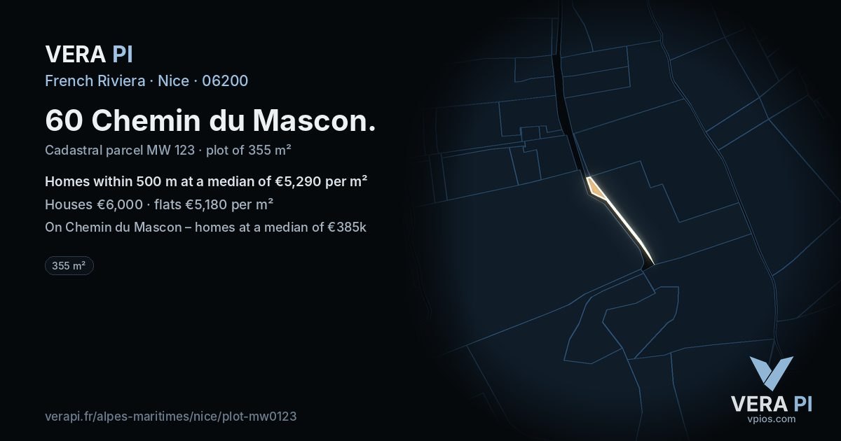 60 Chemin du Mascon, Nice at night – the plot lit, the parcels around coloured by the prices near them
