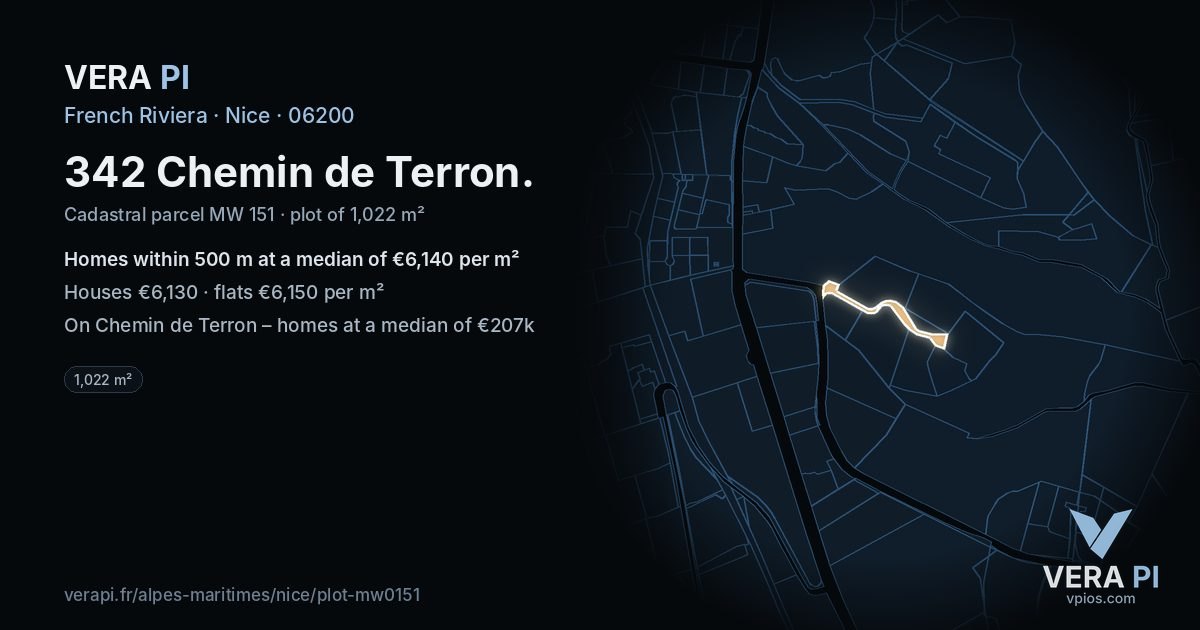 342 Chemin de Terron, Nice at night – the plot lit, the parcels around coloured by the prices near them