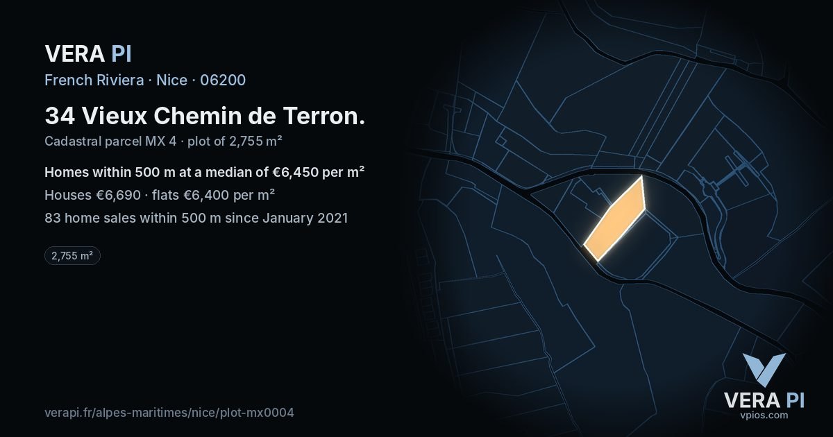 34 Vieux Chemin de Terron, Nice at night – the plot lit, the parcels around coloured by the prices near them