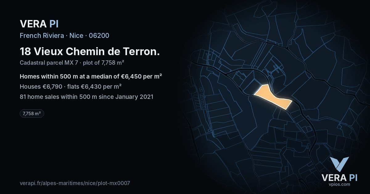 18 Vieux Chemin de Terron, Nice at night – the plot lit, the parcels around coloured by the prices near them