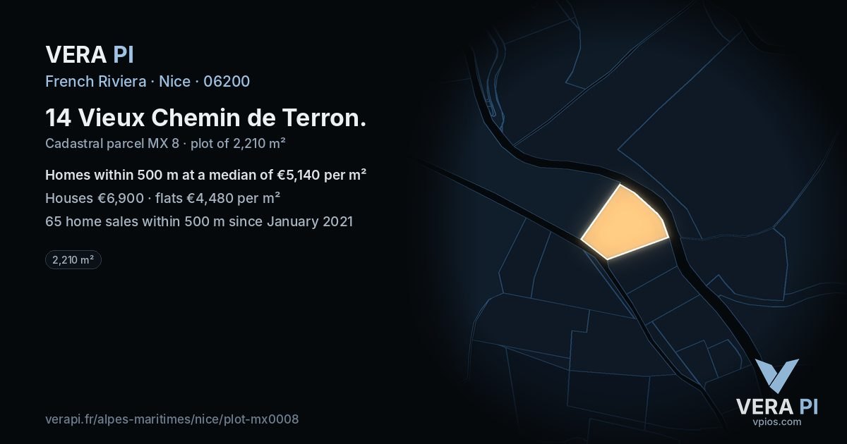 14 Vieux Chemin de Terron, Nice at night – the plot lit, the parcels around coloured by the prices near them