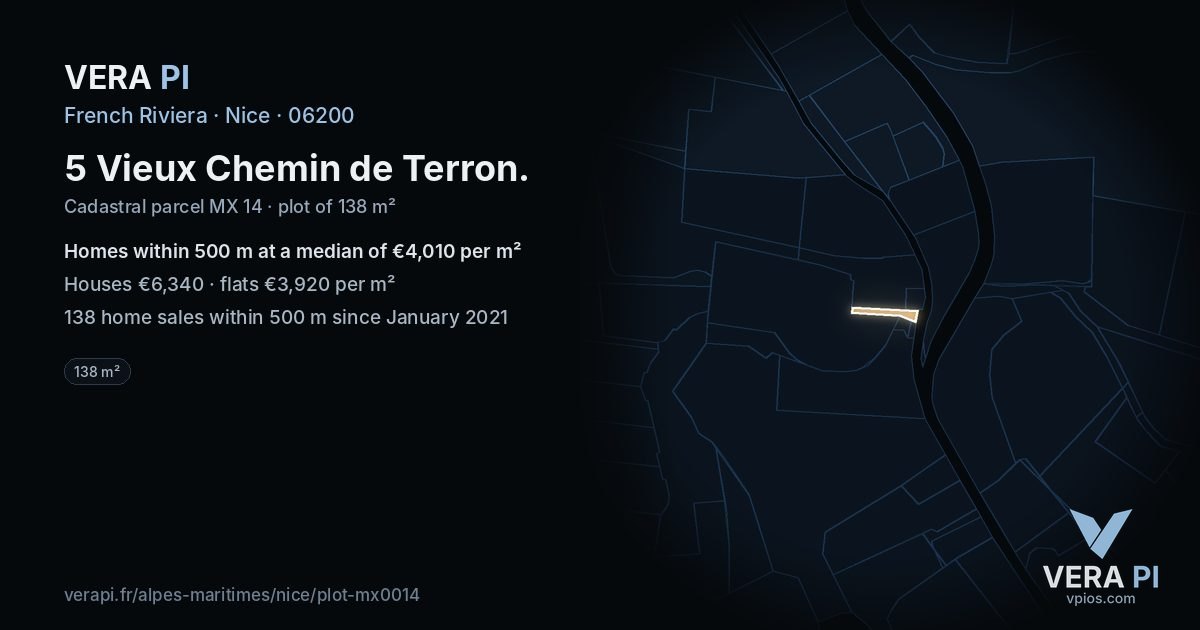 5 Vieux Chemin de Terron, Nice at night – the plot lit, the parcels around coloured by the prices near them