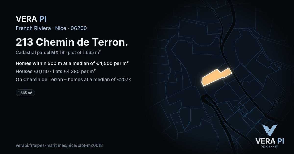213 Chemin de Terron, Nice at night – the plot lit, the parcels around coloured by the prices near them