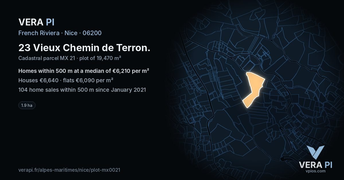 23 Vieux Chemin de Terron, Nice at night – the plot lit, the parcels around coloured by the prices near them
