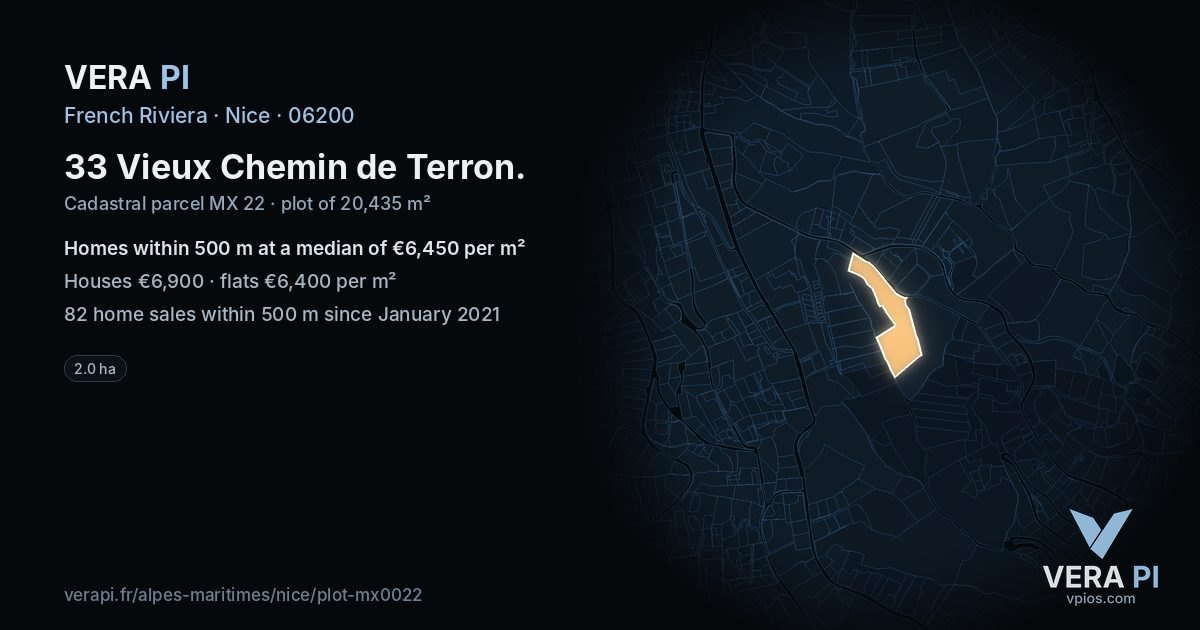 33 Vieux Chemin de Terron, Nice at night – the plot lit, the parcels around coloured by the prices near them