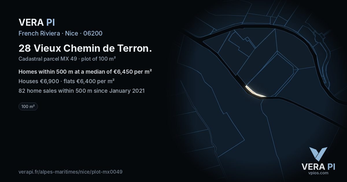 28 Vieux Chemin de Terron, Nice at night – the plot lit, the parcels around coloured by the prices near them