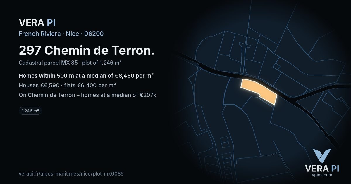 297 Chemin de Terron, Nice at night – the plot lit, the parcels around coloured by the prices near them