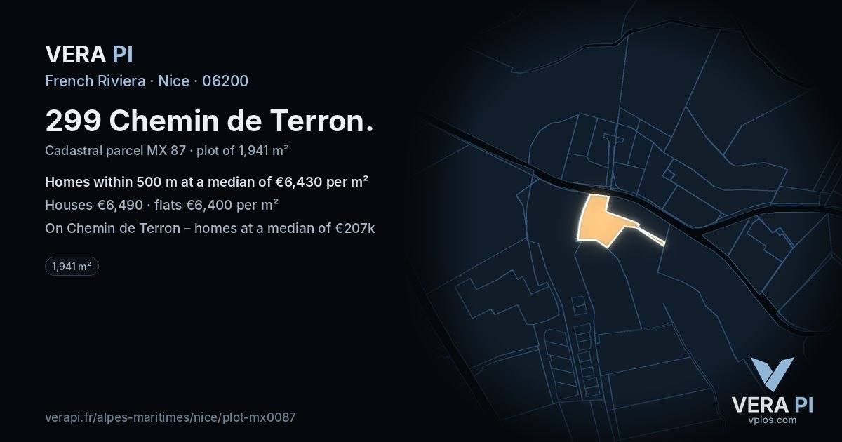 299 Chemin de Terron, Nice at night – the plot lit, the parcels around coloured by the prices near them