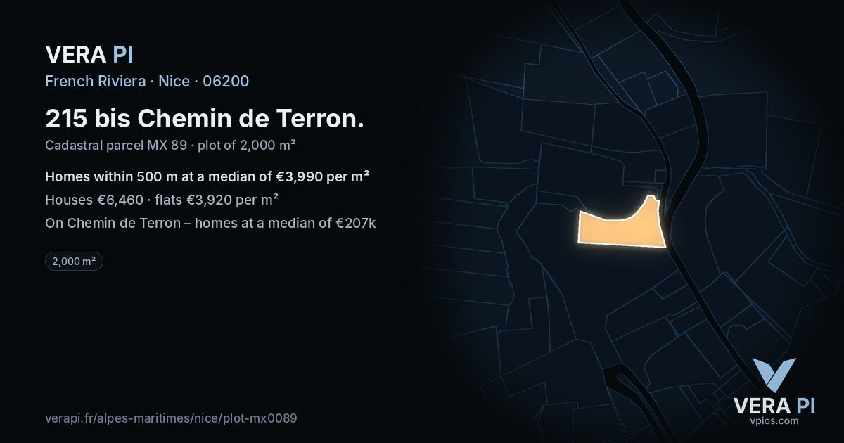 215 bis Chemin de Terron, Nice at night – the plot lit, the parcels around coloured by the prices near them