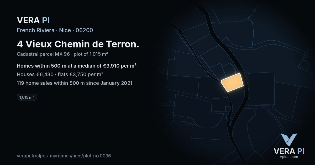 4 Vieux Chemin de Terron, Nice at night – the plot lit, the parcels around coloured by the prices near them